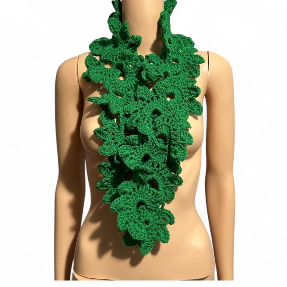 Green Crochet lace Scarf 40” length